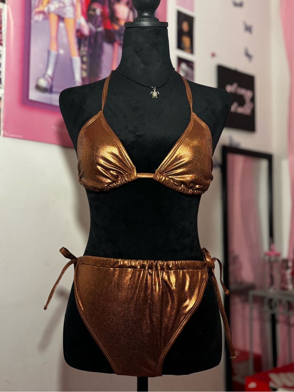 No Boundaries Metallic Bronze Triangle Bikini Set
